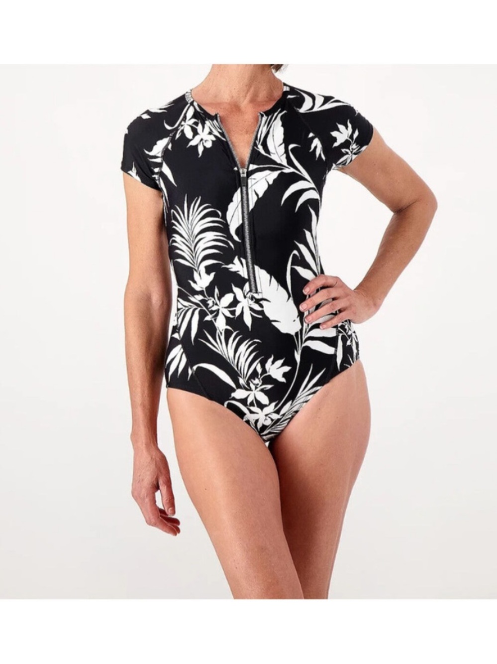 Jantzen Sporty Zip Front Paddlesuit Tropical Black One Piece Swimsuit Medium NEW